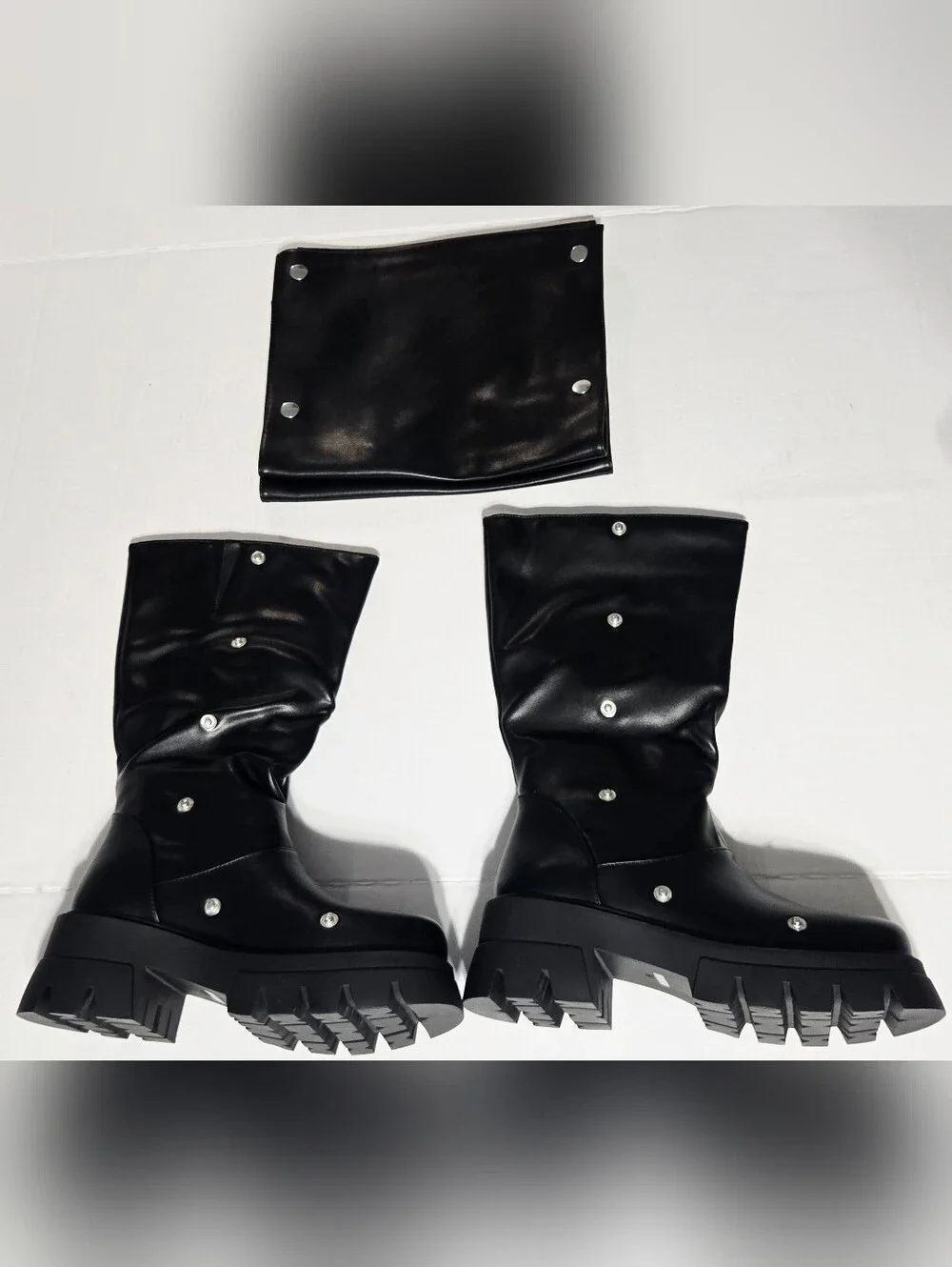Size 7.5 Black Platform Boots w/ Removable Snap-On Wrap Panels Chunky Lug Sole